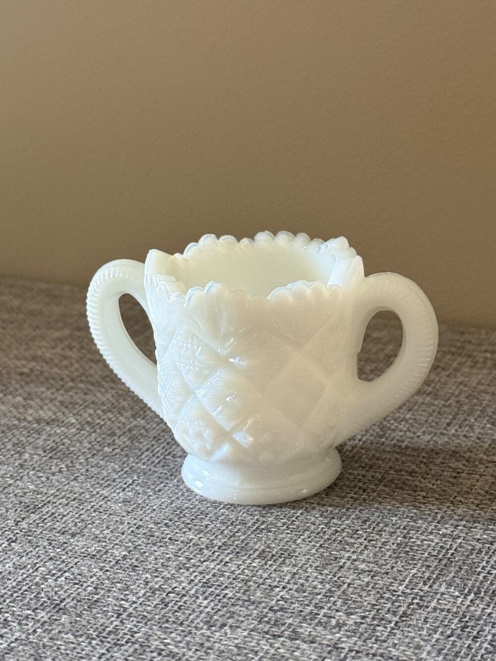 Vintage Miniature White Milk Glass Double Handle Scalloped Rim with Quilted